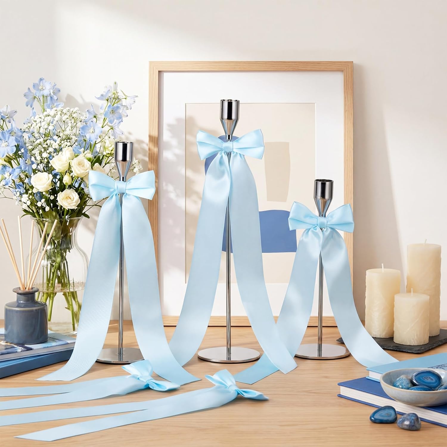 Teenyyou 12 Pcs Light Blue Candlestick Bows | 13-Inch Large Coquette Table Decor & Gift Wrapping