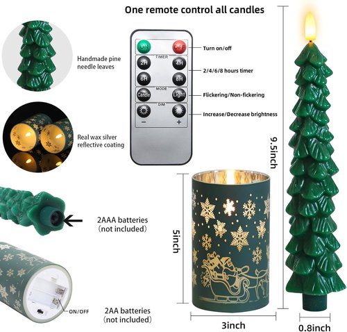 Lezonic Flameless Christmas Candles - Remote-Controlled Green Tree Flickering LED | Set of 4 Real Wax Decor