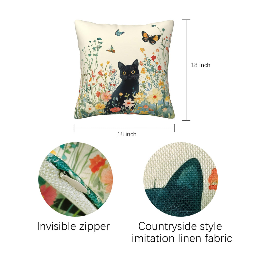bmuvghi Summer Pillow Covers 18x18 Set of 4 Black Cat Throw Pillows Cover Wild Flower Sofa Couch Pillow Cases for Farmhouse Indoor Home Decor Decorations