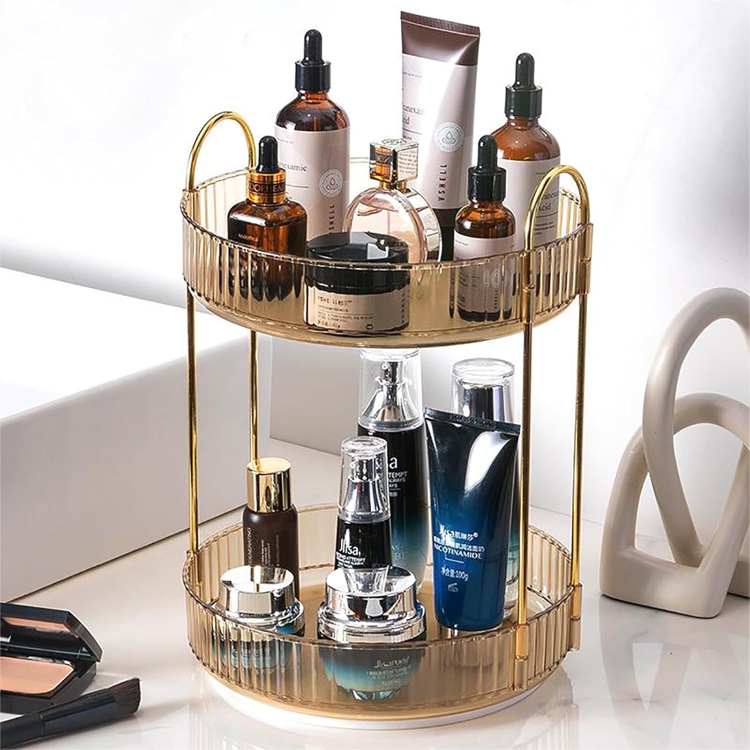 Skiennix Rotating Makeup Organizer - 2-Tier Clear Lazy Susan for Skincare & Perfume Storage | Amber Gold