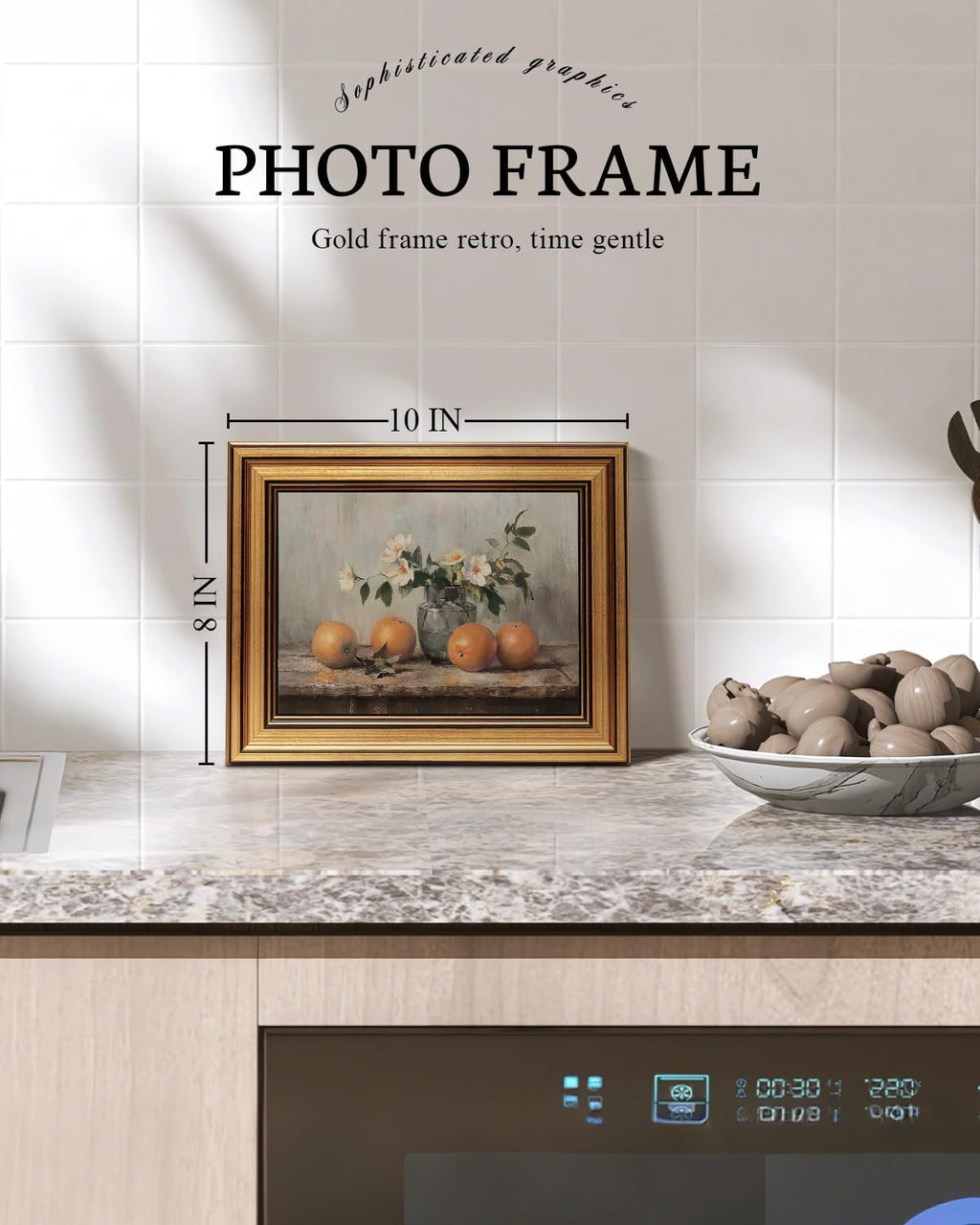 VIYYIEA Vintage Gold Framed Canvas Prints - Rustic Still Life Oranges Wall Art | 8x10 Inch for Kitchen & Dining Room
