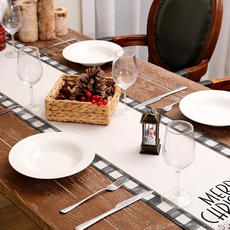 Table Runner 13x72 Inches - Merry Christmas Buffalo Plaid, Yellow
