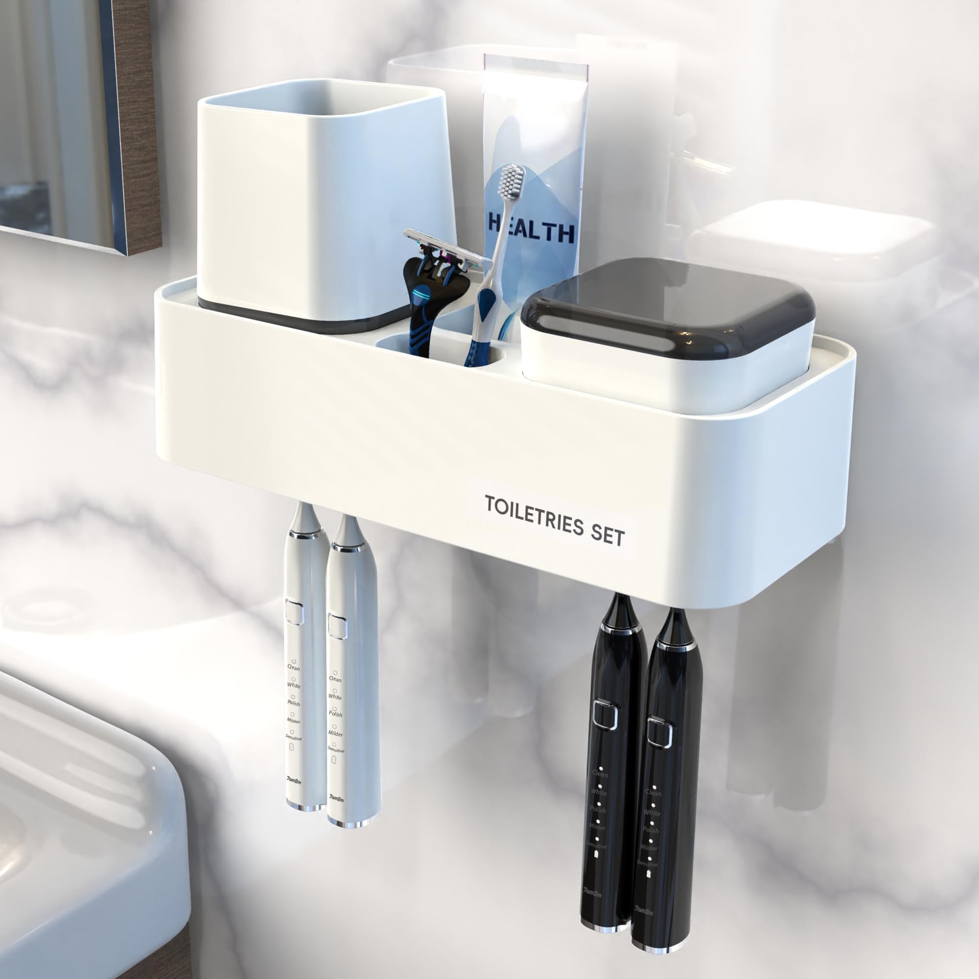 7AM2M Toothbrush Holders for Bathrooms,2 Cups Bathroom Organizer with Secure Hook - Stylish Wall Mounted or Desktop Use,Bathroom Organization and Storage,4 Toothbrush Slots, (White)