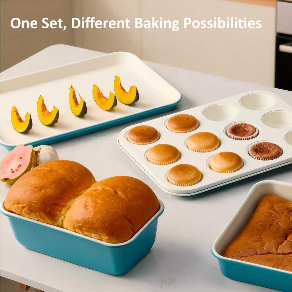 CAROTE 7-Piece Ceramic Baking Pans Set, Aluminized Steel Bakeware Sets, Toxin-Free Nonstick Stackable Oven Pans with Cookie Sheet, Muffin Pan, Loaf Pan, Roasting Pan, Cake Pans, Cooling Rack