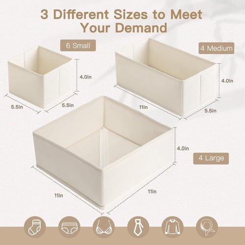 Criusia Drawer Organizer - 14 Pack Dresser Storage Bins for Baby Clothes & Underwear | Foldable Beige Design