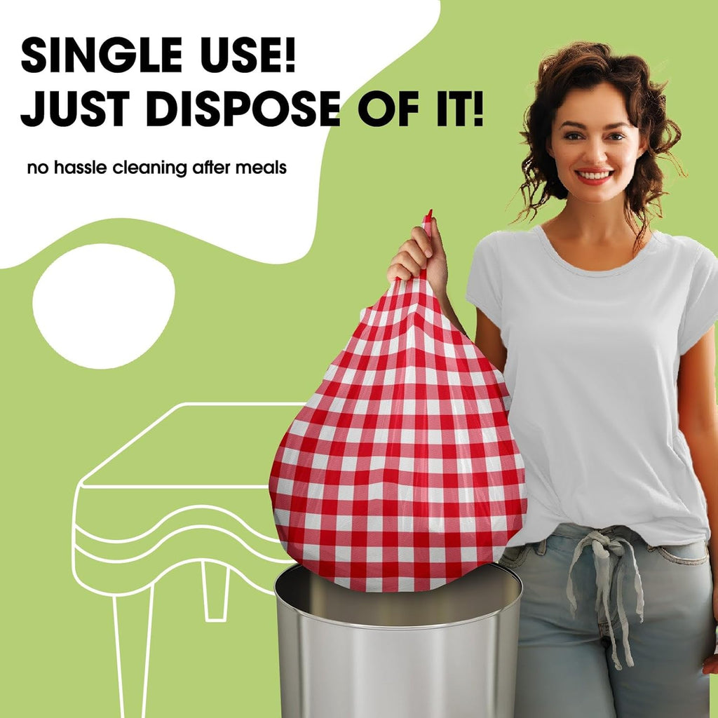 Pureegg Disposable Plastic Tablecloths - 84'' Round Gingham Design, Leakproof & Sturdy, Red/White Checkered (10 Pack)
