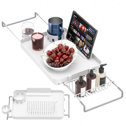 Bathtub Tray for Large Soaking Tub Table Tray Expandable Tub Shelf for Bathtub Caddy Bath Shelf Over Tub Luxury Bath Board Book Holder with Removable 2 Cup Holder Phone Metal Shower Caddy Basket White