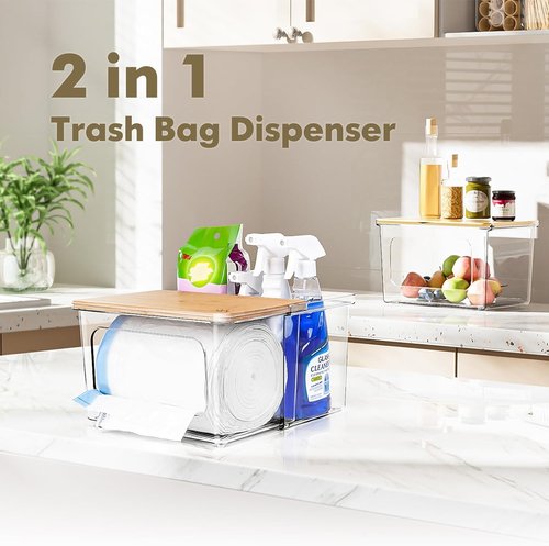 iCASA Trash Bag Dispenser - 2-in-1 Acrylic Organizer with Bamboo Lid | Holds Up to 100 Large Rolls for Kitchen & Pantry