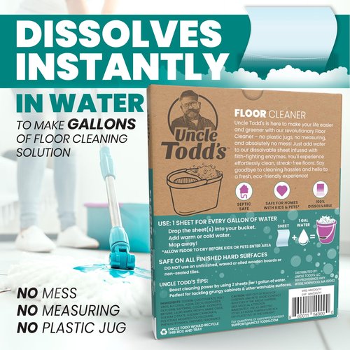Uncle Todd's Ultra Concentrated Floor Cleaner For Mopping: 30 Natural, 100% Dissolvable Sheets for Mopping – Hardwood & Wood Floor Cleaner with Filth-Fighting Enzymes, Plastic-Free Packaging