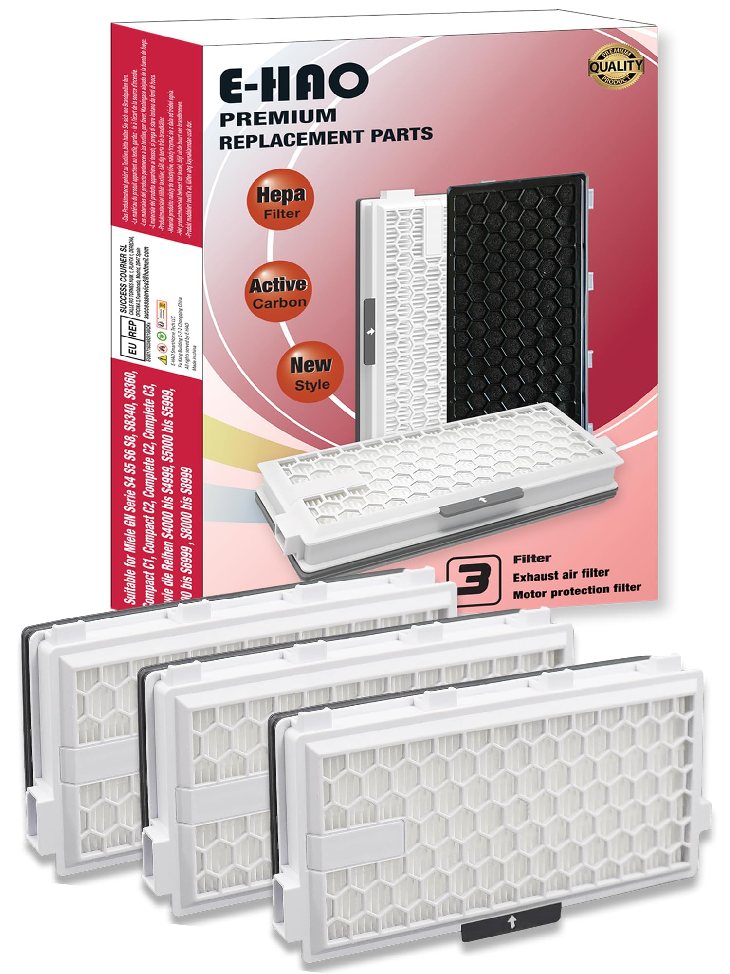 E-HAO 3 Pack Activated Carbon HEPA Airclean filters Replacement for Miele SF-HA 50, for Compact C1/C2, Complete C2/C3, S4, S5, S6, S8, S4000-4999, S5000-S5999, S6000-S6999, S8000-S8999 Vacuum Cleaner