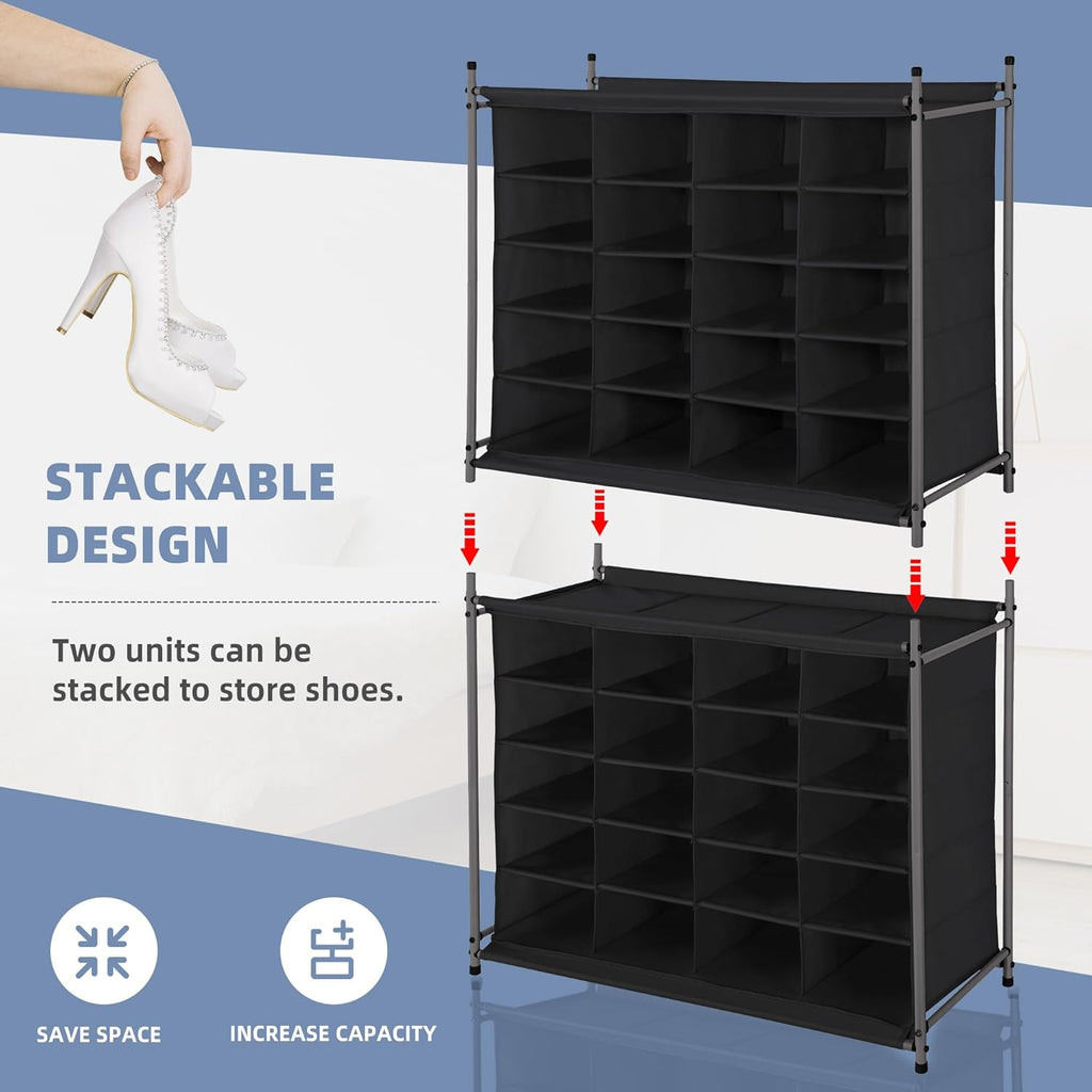Storage Maniac Stackable Shoe Cubby Organizer - 20-Cube Free Standing Rack for Entryway & Closet | Black