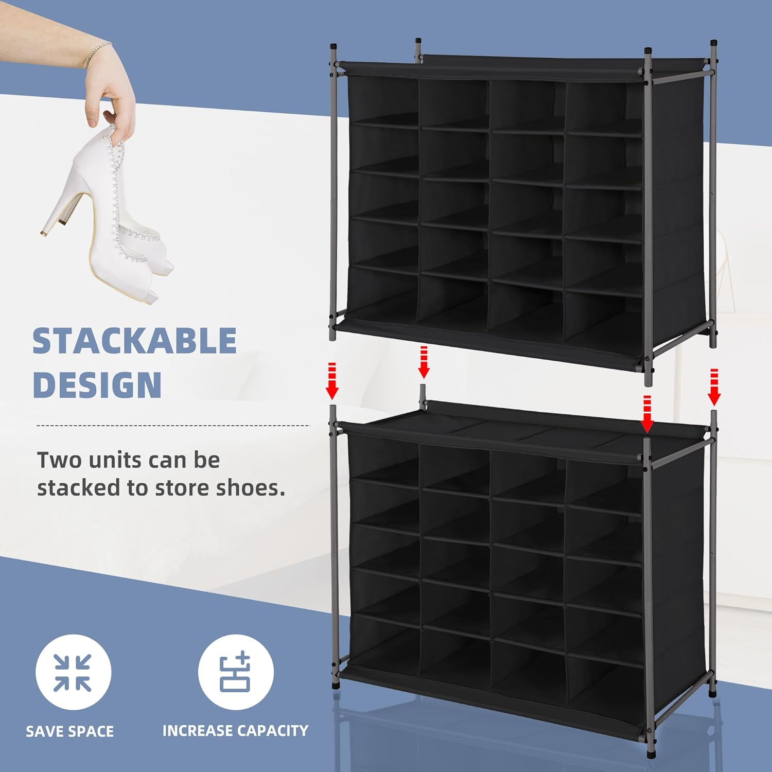 Storage Maniac Stackable Shoe Cubby Organizer - 20-Cube Free Standing Rack for Entryway & Closet | Black