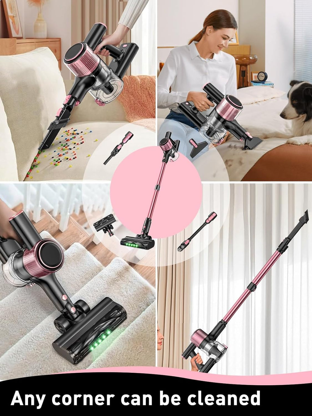 VICEASE Cordless Vacuum Cleaner - 8-in-1 Powerful Suction for Home | Lightweight, LED Display, 45 Min Battery, Pink