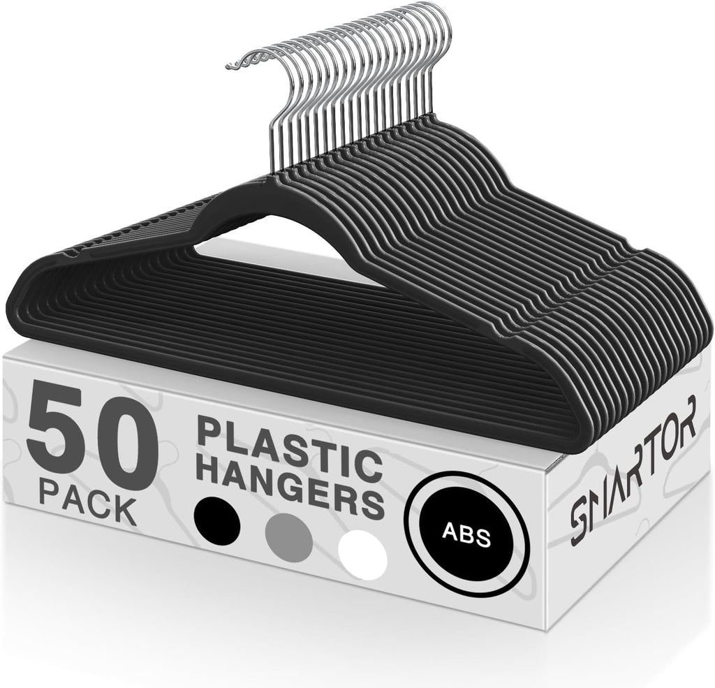 SMARTOR Plastic Hangers - Heavy Duty Slim Clothes Hangers with 360° Swivel Hook | 50 Pack - Black