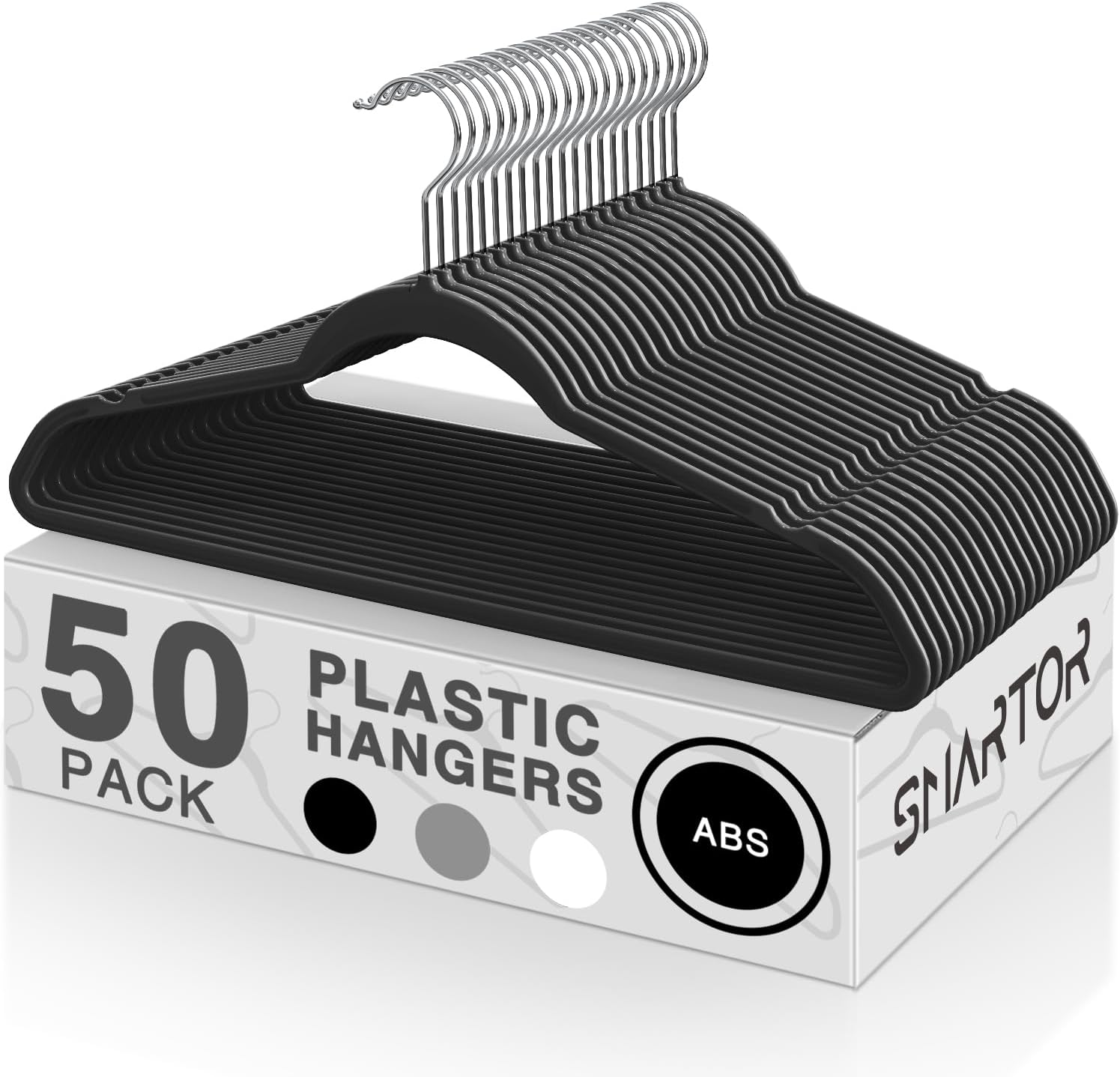 SMARTOR Plastic Hangers - Heavy Duty Slim Clothes Hangers with 360° Swivel Hook | 50 Pack - Black
