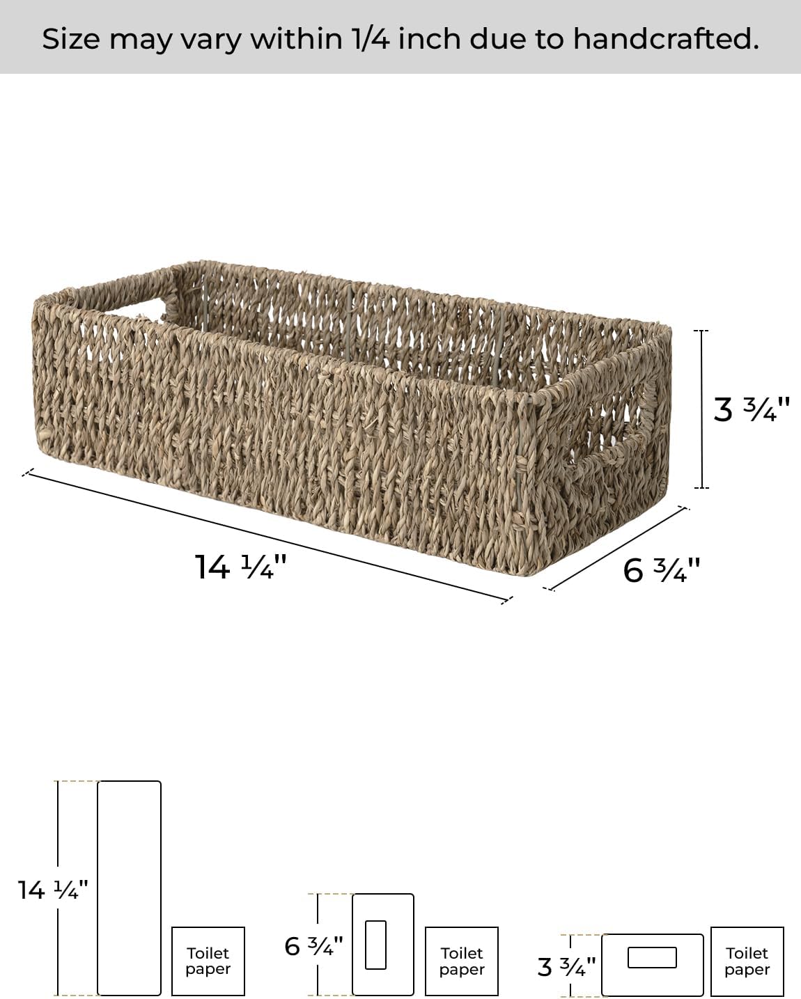 StorageWorks Seagrass Baskets - Stylish Bathroom Decor Box with Handles | 14.25"L x 6.5"W x 3.75"H