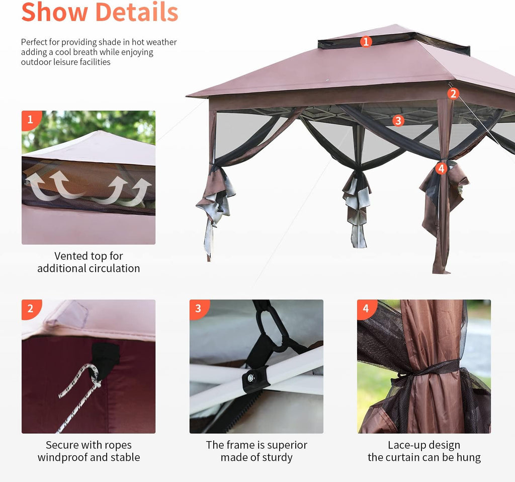 Skiennix 10'x10' Pop-Up Gazebo - Outdoor Patio Canopy with Mosquito Netting & Double Roof, Brown