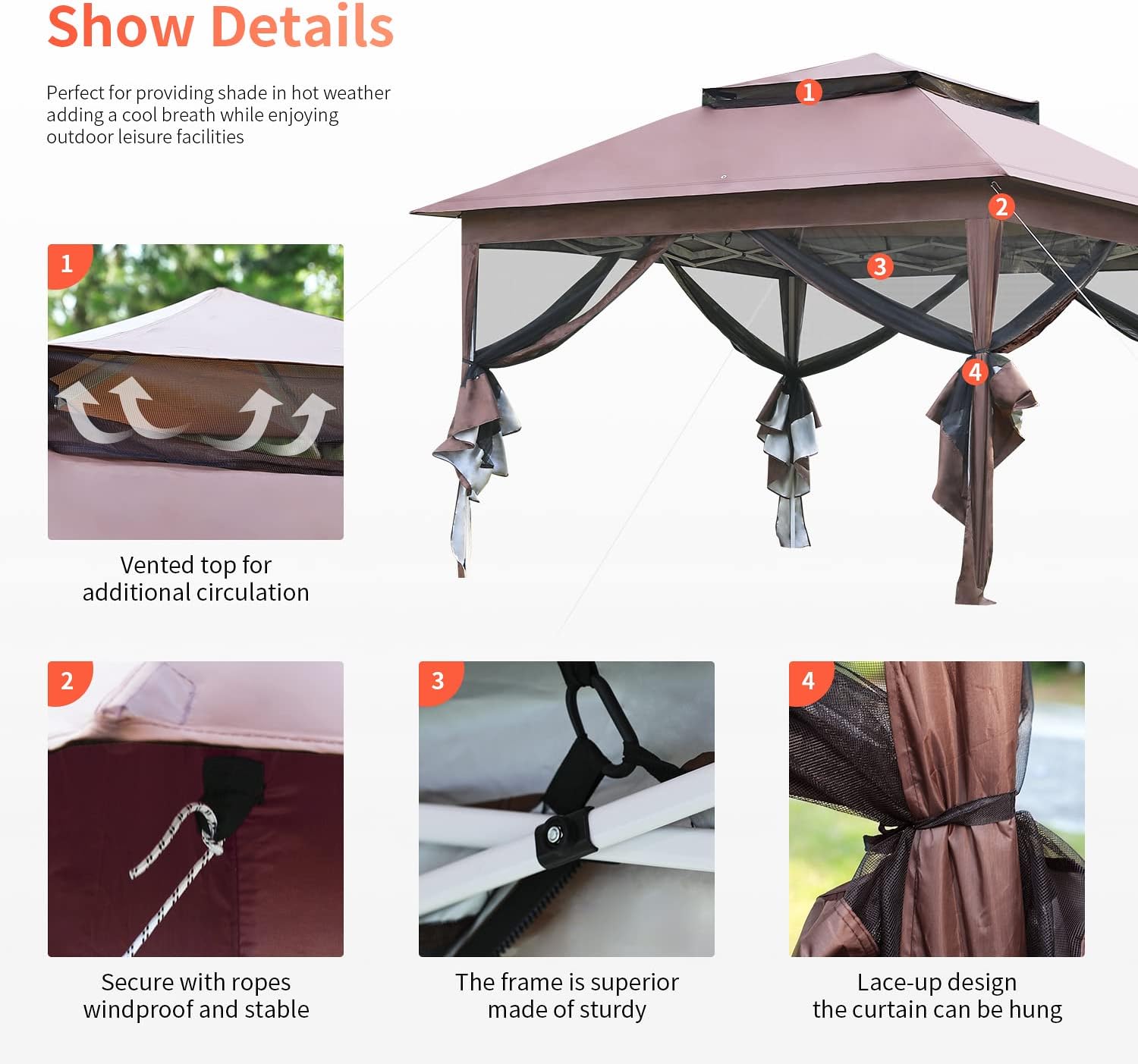 Skiennix 10'x10' Pop-Up Gazebo - Outdoor Patio Canopy with Mosquito Netting & Double Roof, Brown