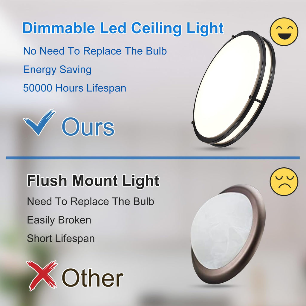 DLLT Flush Mount LED Ceiling Light: 16 Inch 5CCT (3000K-6000K) & Dimmable Ceiling Light Fixtures for Bedroom Hallway - 36W Modern Black Super Bright Kitchen Lighting Fixtures Ceiling