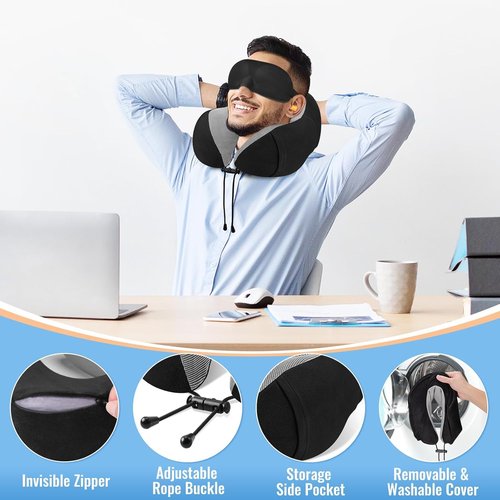 CloudBliss Travel Pillow - Premium Memory Foam Neck Support for Comfortable Sleep | Black