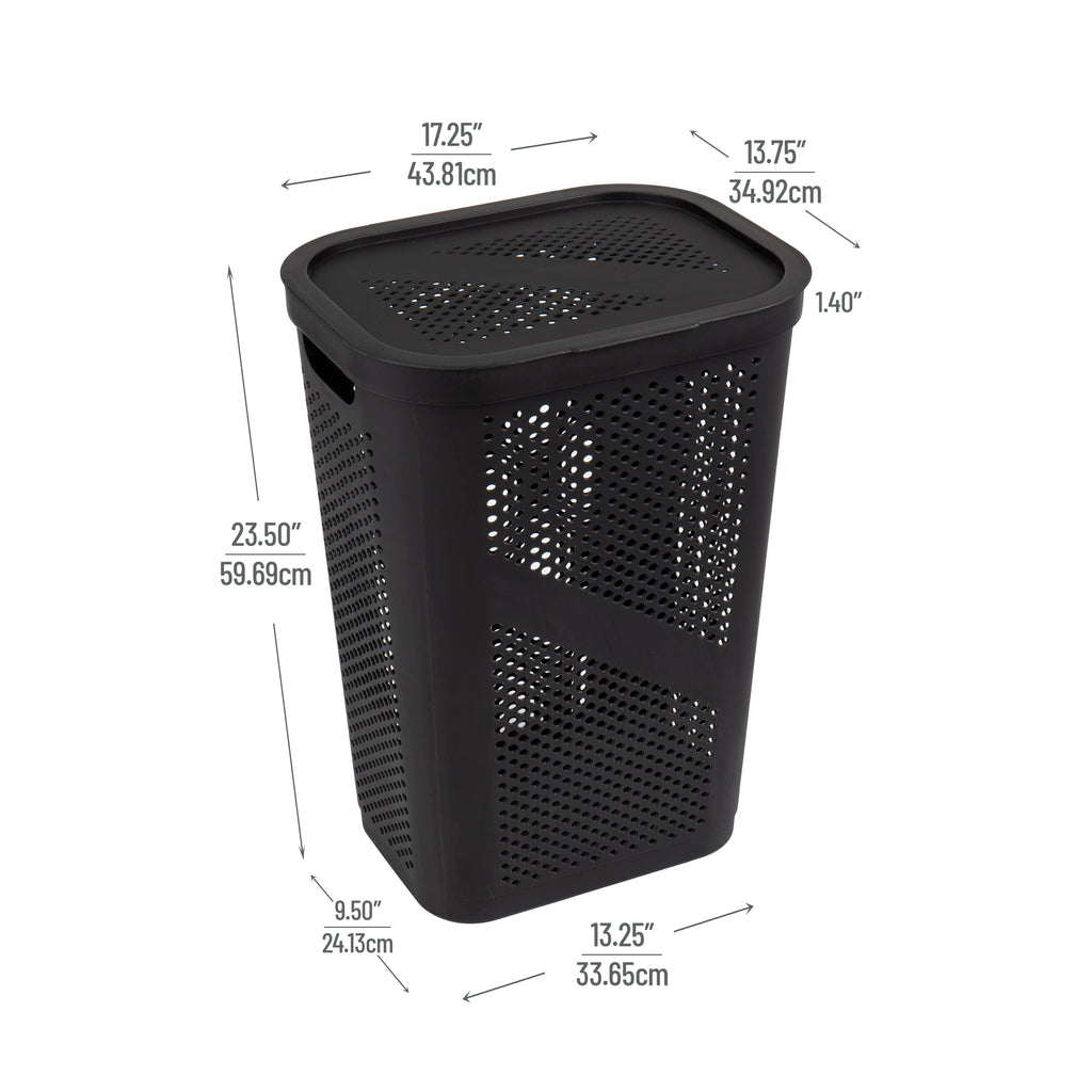 Mind Reader Slim Laundry Hamper with Lid, 60L Clothes Basket, Ventilated Plastic, Black