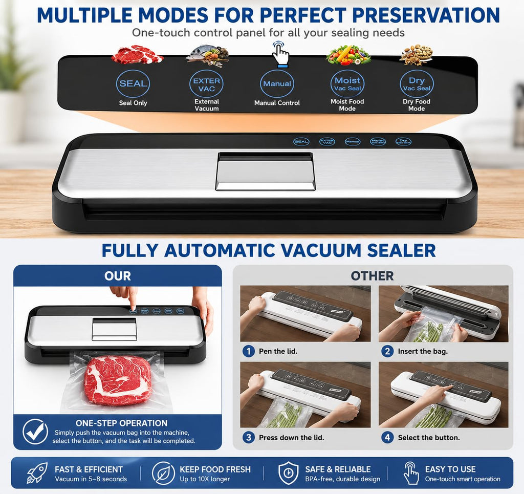 85KPa Vacuum Sealer Machine, One-Touch Automatic Food Sealer with 15 Bags, Dry/Moist/Seal/Manual/External Vac, 7MM Heating wire, Compact Easy-Clean for Food Storage and Sous Vide