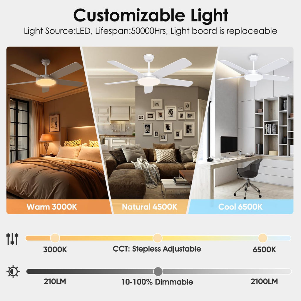 ropelux 52-Inch Ceiling Fans with Lights: Powerful Wind, Ultra-Quiet, High Bright&Screw-Free for Blade Installation, Dimmable, Forward&Reversible Fan with Remote APP Control for Bedroom/Living Room.