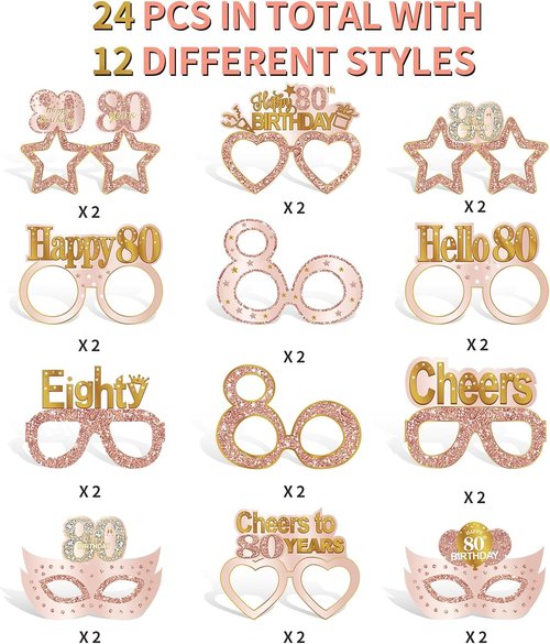 Guiruiy 24PCS 80th Birthday Eyeglasses - Pink Rose Gold Party Decorations for Women
