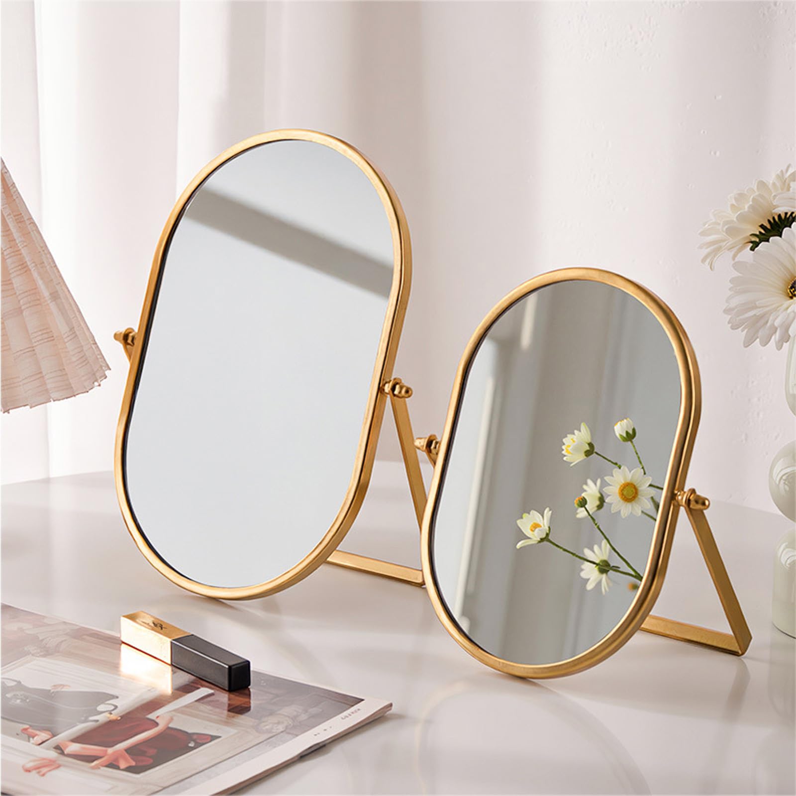 Numjeg Tabletop Mirrors Makeup Mirror Portable Vanity with Metal Frame Desk Table Mirror with 180°Adjust Dressing Room Rotate Good for Bedroom Bathroom