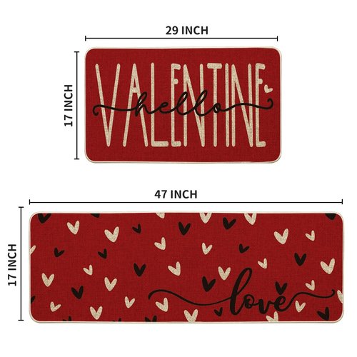 Artoid Mode Red Black Love Heart Hello Valentine's Kitchen Mats Set of 2, Home Decor Low-Profile Kitchen Rugs for Floor - 17x29 and 17x47 Inch