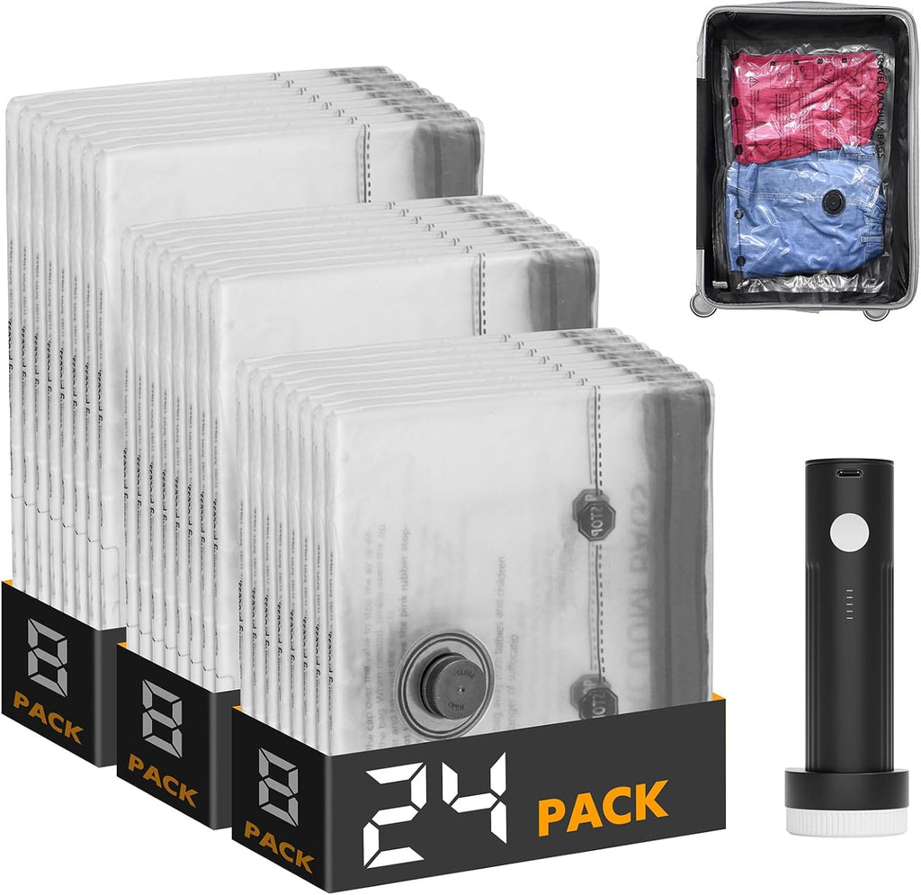 SpaceAid Vacuum Seal Bags - 24 Pack Travel Compression Bags with Electric Pump for Luggage & Clothing