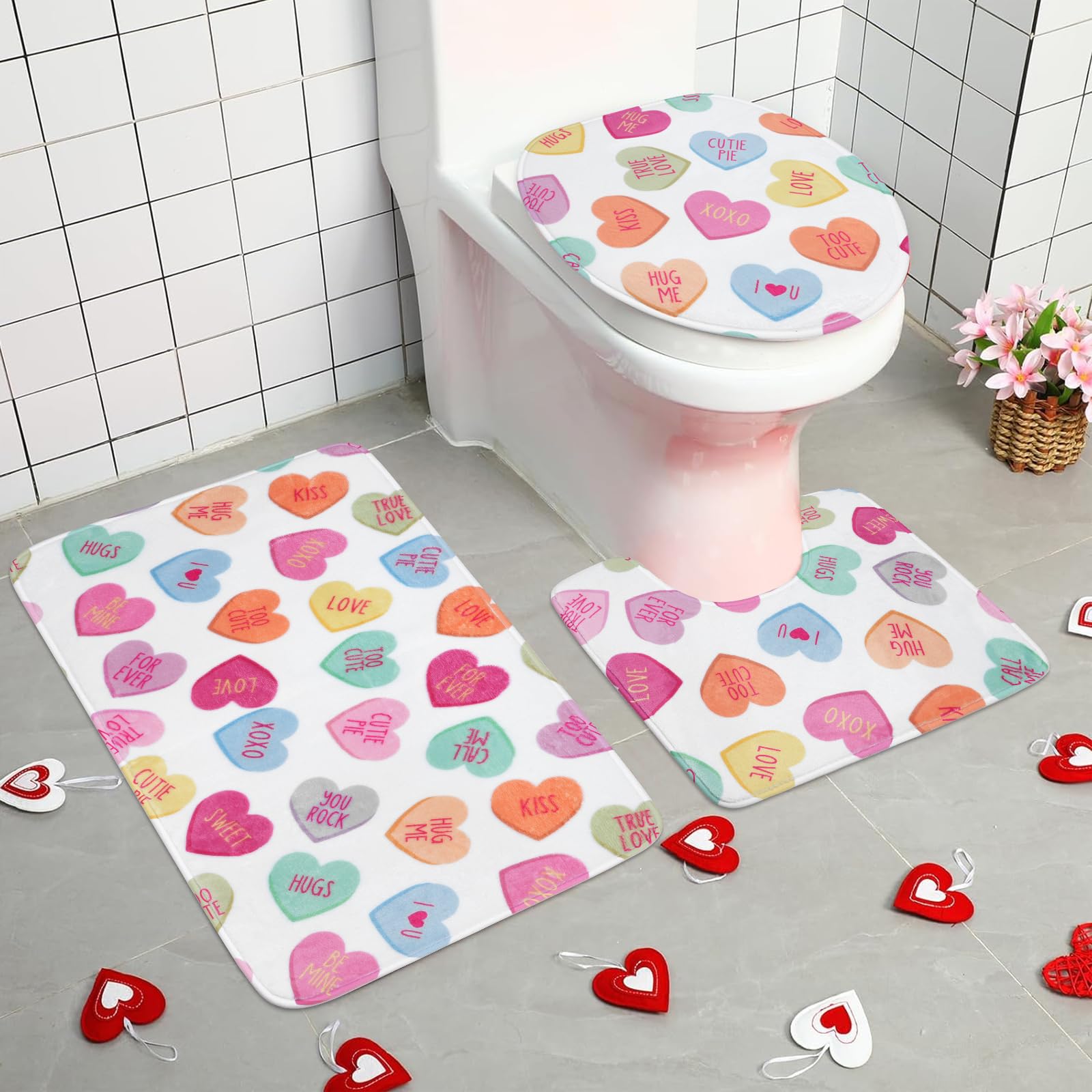 Hauwellter 4 Pcs Valentines Day Shower Curtain Sets, Pastel Heart Valentine Bathroom Set with Shower Curtains and Non Slip Rug Toilet Lid Cover U Shaped Bath Mat, Valentines Day Bathroom Decorations