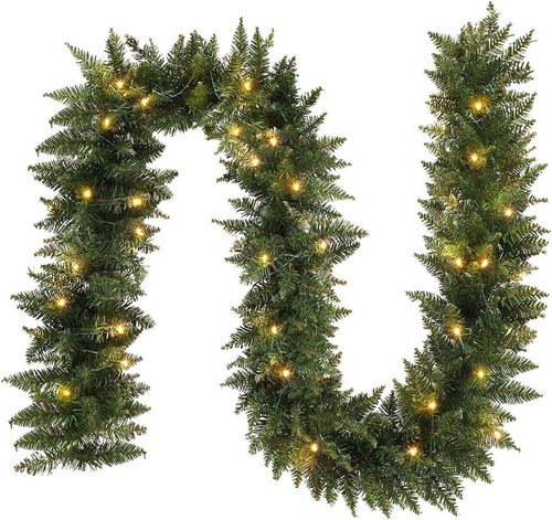 9ft Pre-lit Christmas Garland with 50 LED, 8 Lighting Modes Battery Powered & 6H Auto Timer, Waterproof 240 Branch Tips Prelit Garlands with Warm White Lights for Indoor Outdoor Holiday Decorations
