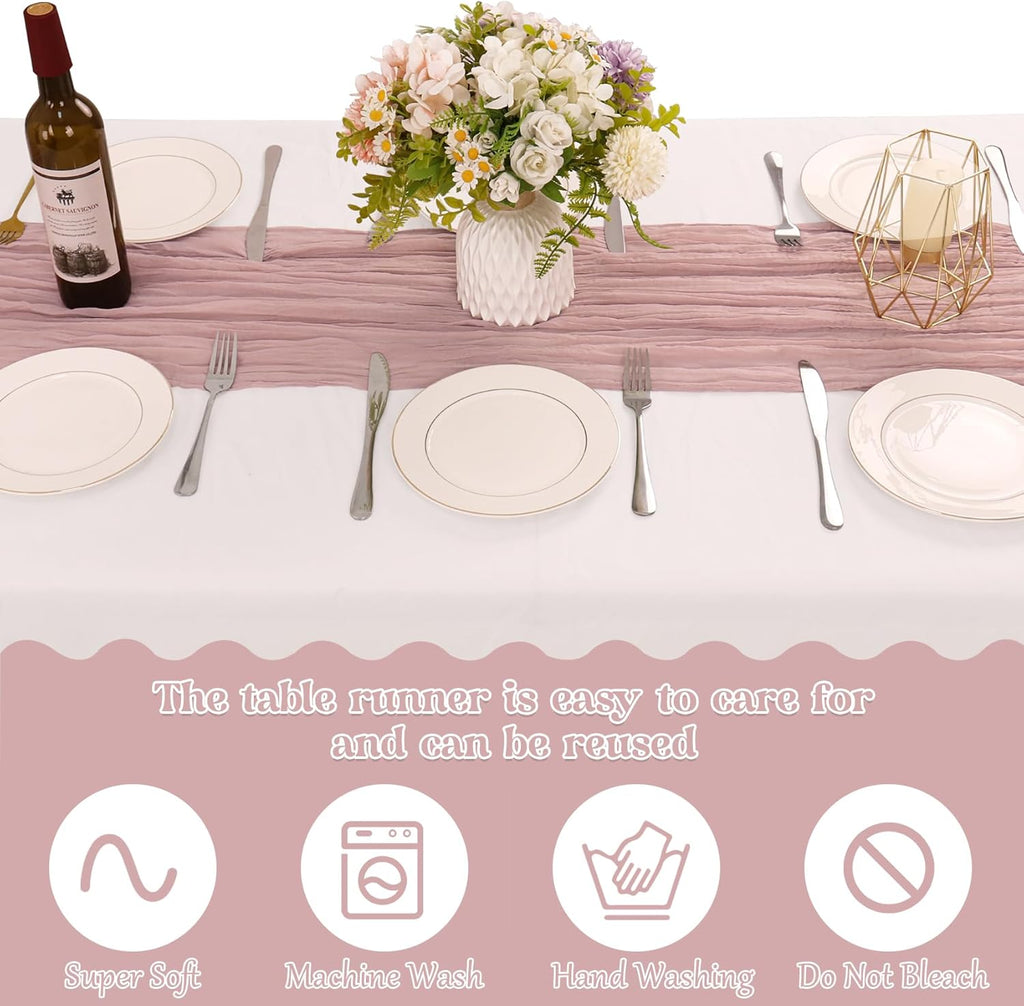 Skiennix Dusty Pink Cheesecloth Table Runner - 10FT Boho Vintage Gauze for Weddings & Events