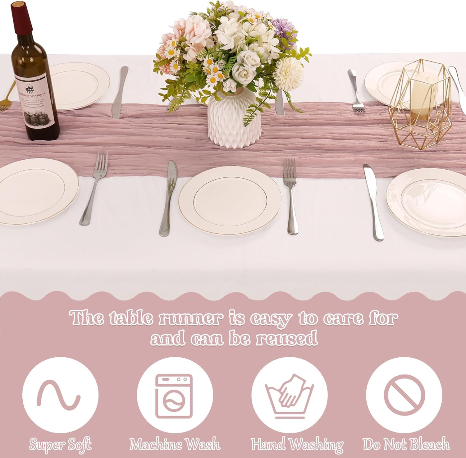 Skiennix Dusty Pink Cheesecloth Table Runner - 10FT Boho Vintage Gauze for Weddings & Events