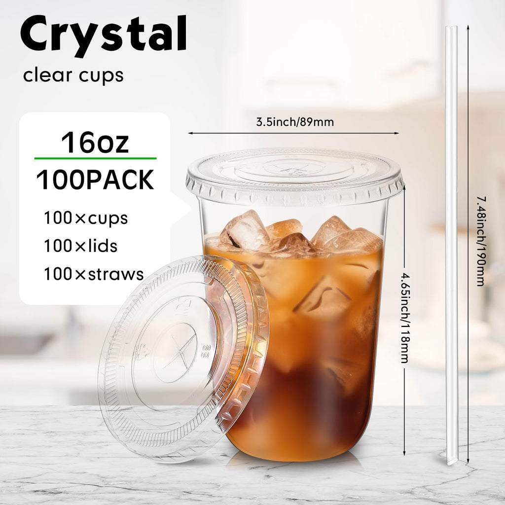 Ziliny 100 Sets Clear Plastic Cups with Lids and Straws, Disposable Iced Coffee Cups Clear Drinking Cups for Cold Drinks, Juice, Smoothie, Pet Cup for Coffee Shops, Party, Christmas(16 oz)