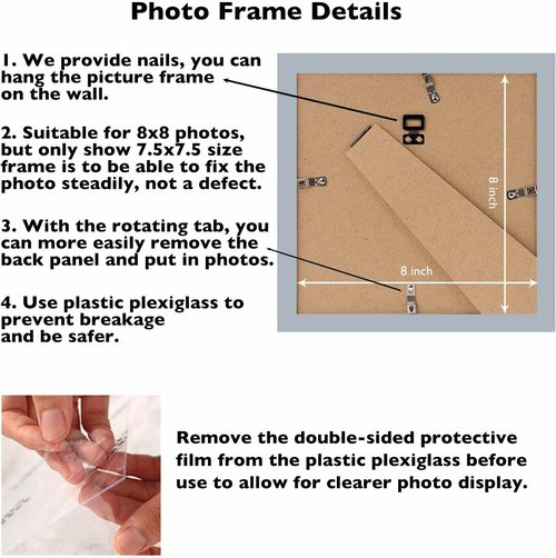 JCJMY 8x8 Picture Frame - Rustic White Square Wall Gallery Frame with Shatter-Resistant Plexiglass