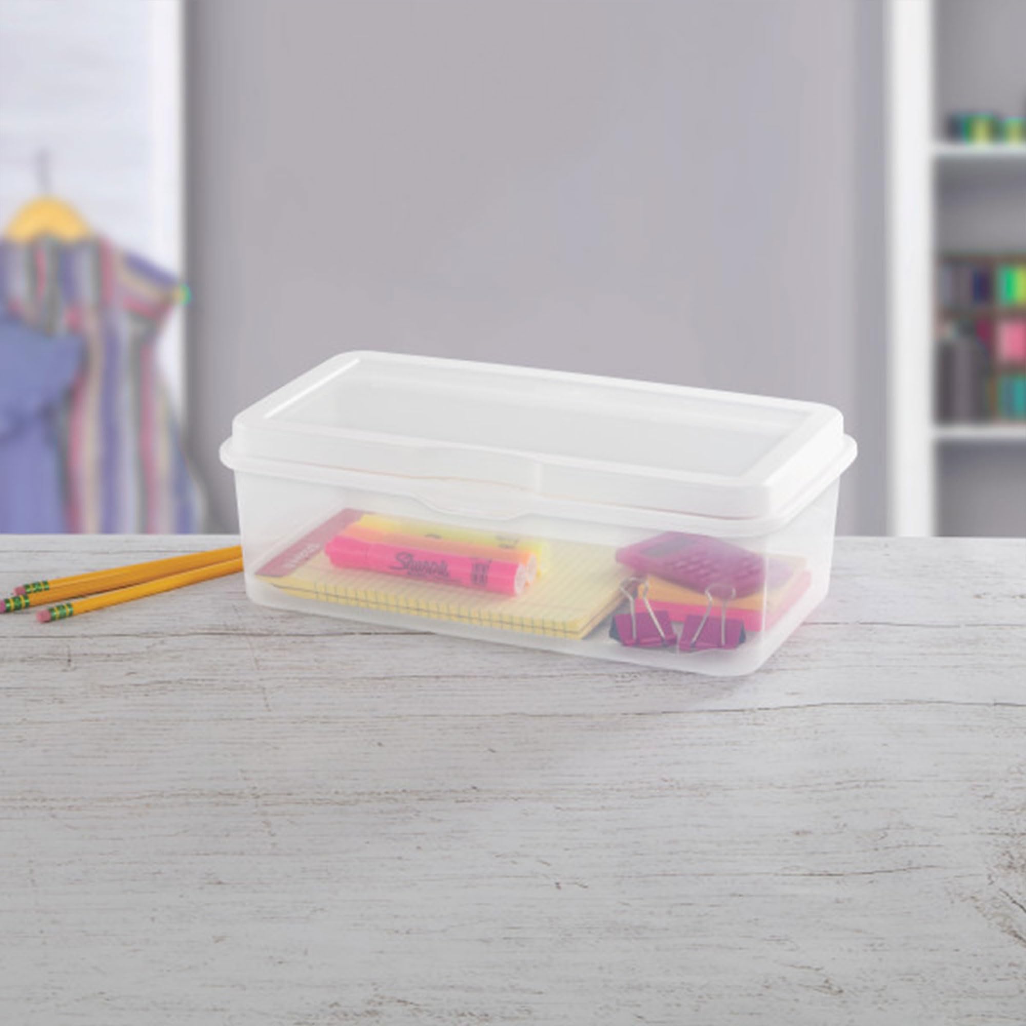 Sterilite 6-Pack Rectangular Large FlipTop, Clear Plastic Storage Box with Hinged Lid - Stackable Multipurpose Organizer for Art and Craft Supplies, Accessories, Photos & CDs, Home or Office Use