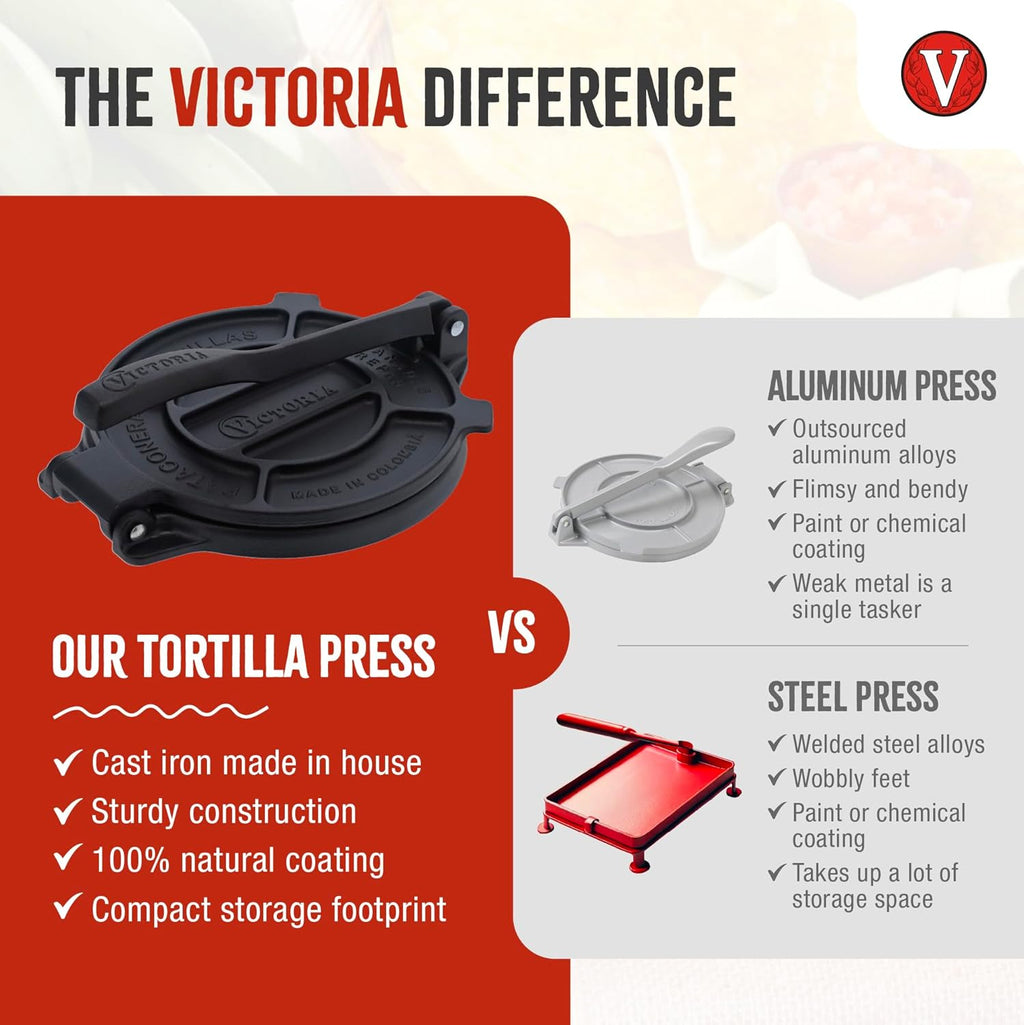 Victoria Cast Iron Tortilla Press - 8 Inch Roti Maker Seasoned with Flaxseed Oil | Traditional Black Design