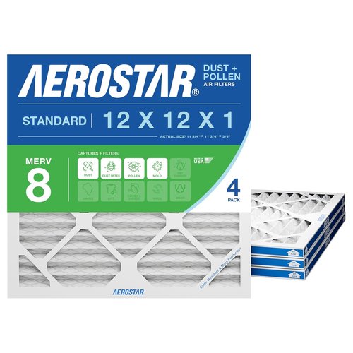 Aerostar MERV 8 Air Filter - 12x12x1 HVAC Filter Captures Dust, Lint & Pollen | 4 Count, Made in USA