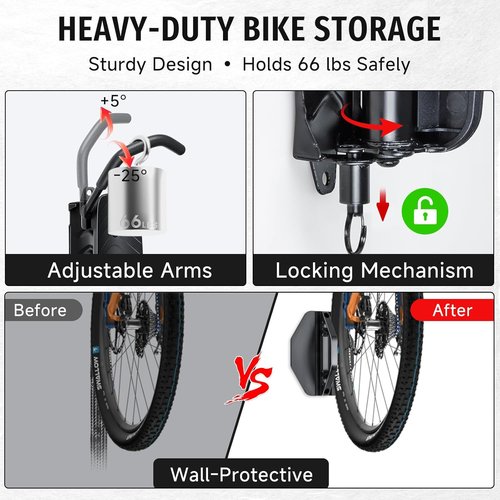 BYHUME Bike Rack | Space-Saving Vertical Wall Mount with 150° Swivel - Holds Up to 66lbs, 2 Pack
