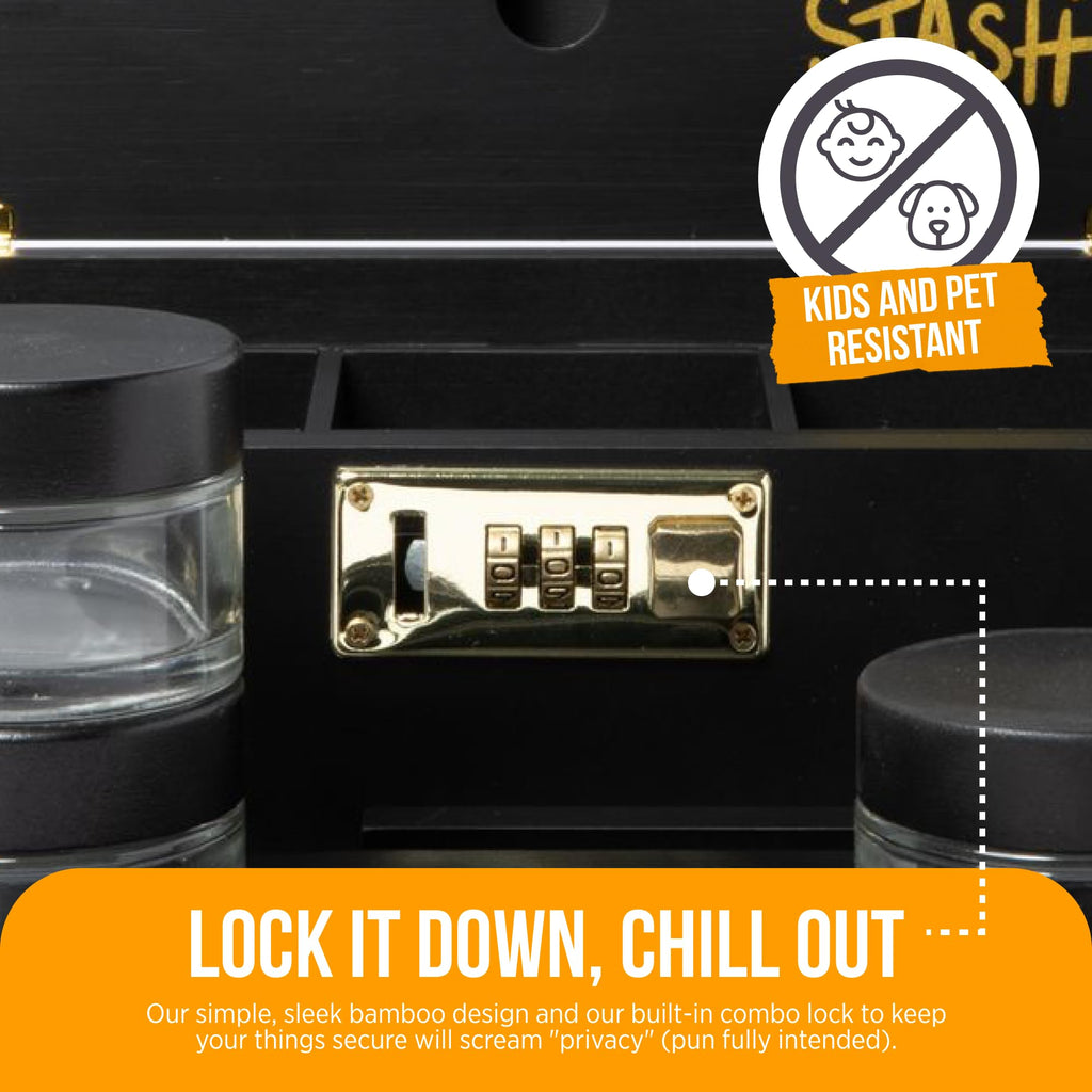 HASHSTASH The OG Storage Box - Large Bamboo Box with Combination Lock, Magnetic Lid, Organizer Tray, Airtight Tube and 3 Jars - Discreet Decorative Locking Wooden Box with Accessories (Black/Gold)