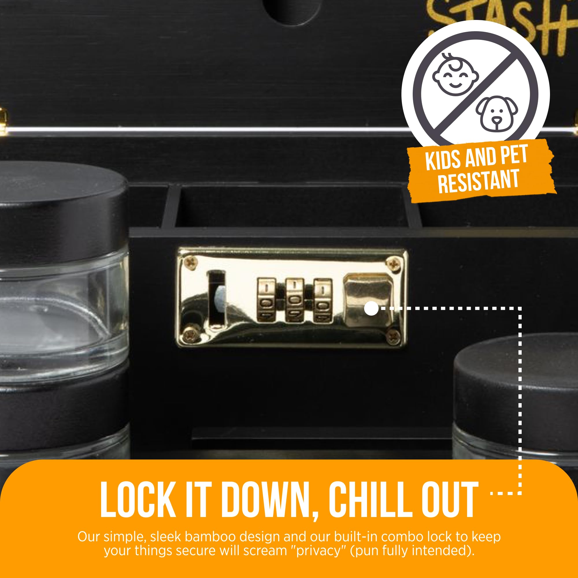 HASHSTASH The OG Storage Box - Large Bamboo Box with Combination Lock, Magnetic Lid, Organizer Tray, Airtight Tube and 3 Jars - Discreet Decorative Locking Wooden Box with Accessories (Black/Gold)