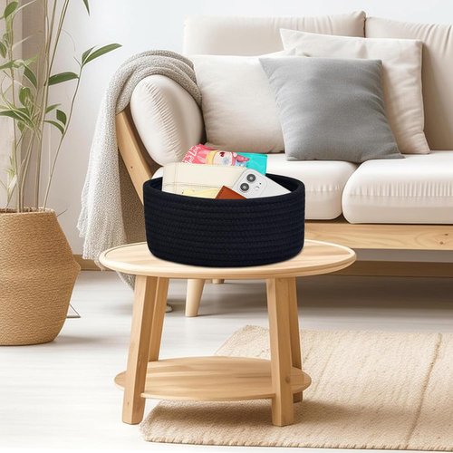 ABenkle Small Woven Basket - Decorative Cotton Rope Storage Bin for Toys, Spa, Socks | Round Design
