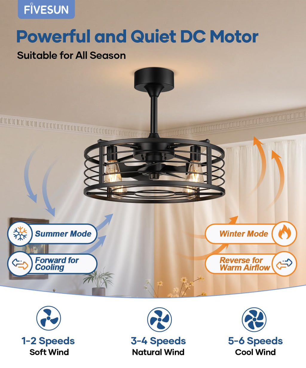 Fivesun 20" Caged Ceiling Fans with Lights and Remote, Fandelier Farmhouse Industrial Fan Lights Ceiling Fixtures Small Ceiling Fan with 6 Speeds and Timing for Kitchen, Bedroom, Outdoor-Black