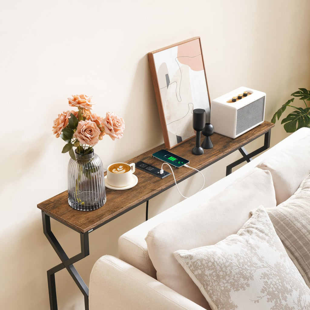 MAHANCRIS Sofa Console Table, 44.9" Entryway Table with Charging Station, Narrow Couch Table, Hallway Table, Sofa Table with USB Ports, Metal Frame, for Entrance, Living Room, Rustic Brown CTHR113E01