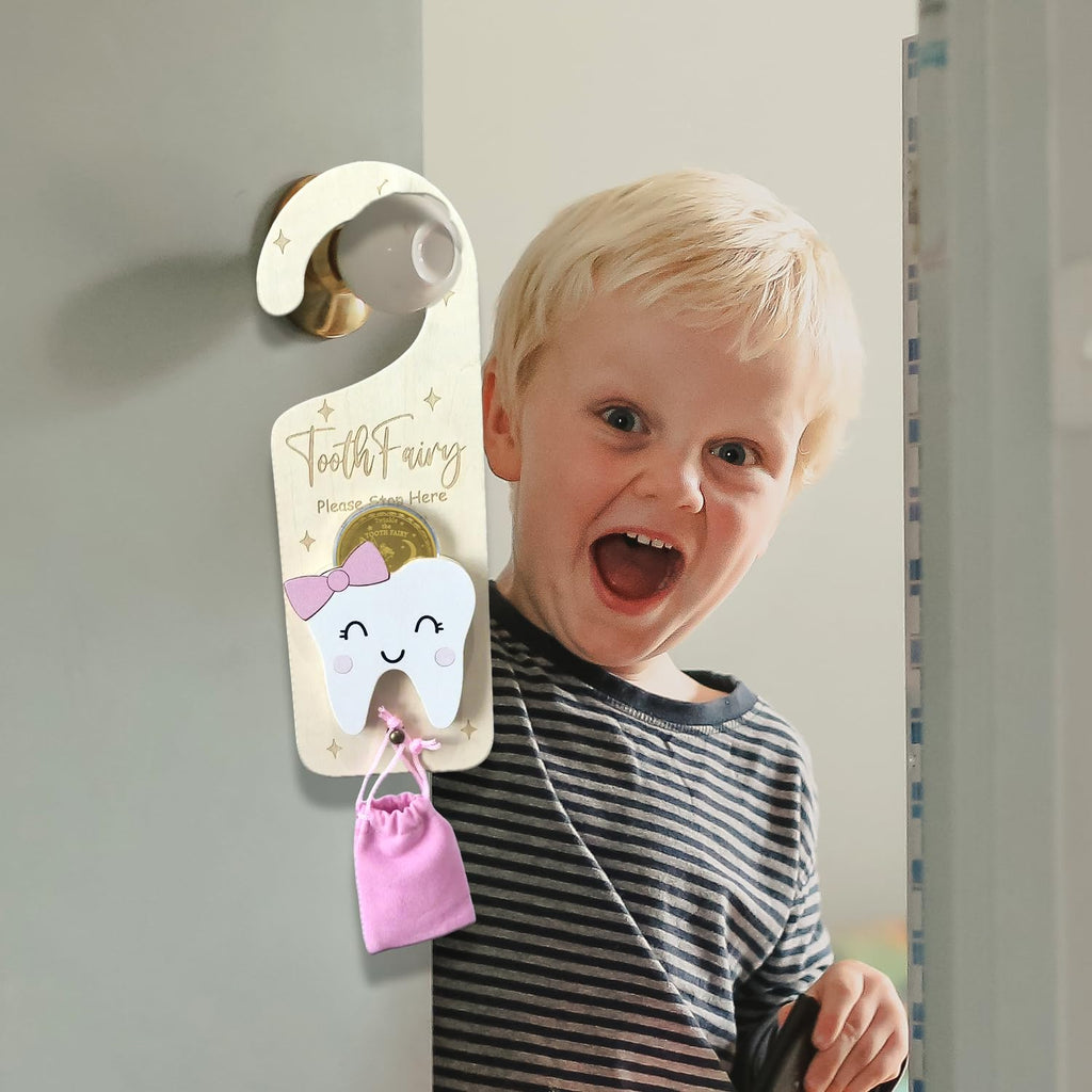 PAMBO Tooth Fairy Door Hanger, Wooden Tooth Fairy Money Holder with Tooth Coins for Lost Tooth Kids Gifts (Pink)