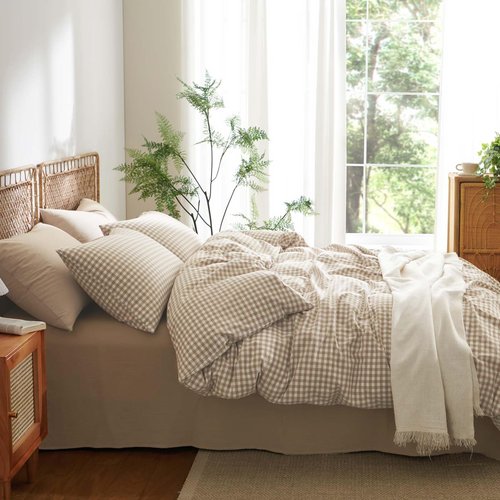 Nayoroom Gingham Duvet Cover Queen Size 100% Washed Cotton Brown Tan Plaid Checkered Comforter Cover 3 Pcs Soft Breathable Grid Farmhouse Dorm Bedding Set for All Seasons