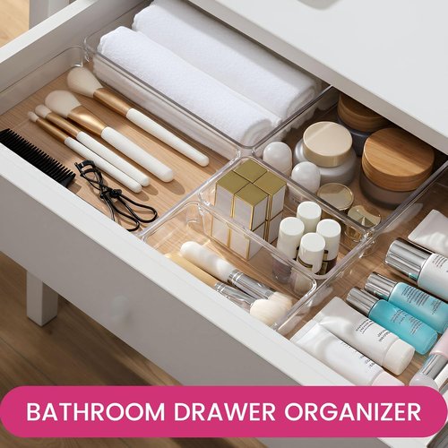 Criusia Large Drawer Organizer Bins - 26 Pack Clear Plastic Kitchen & Bathroom Organizers | Versatile Utensil & Makeup Storage