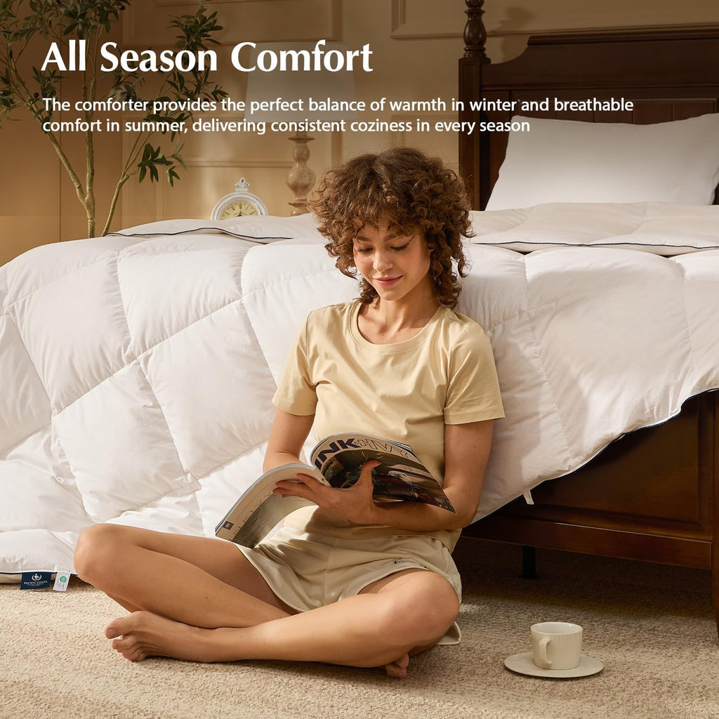 Pacific Coast Goose Down Comforter - Extra Fluffy White Duvet Insert | Queen Size, Soft & Breathable All-Season Luxury Bedding (90"x90")
